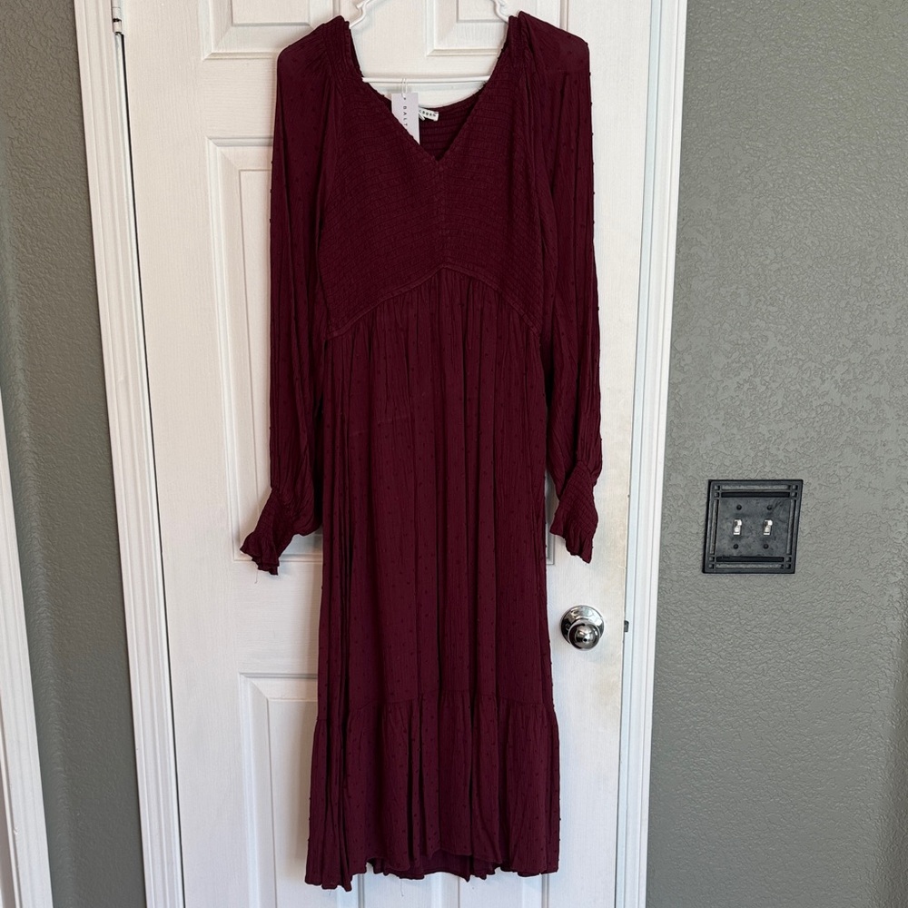 Long Sleeve V-Neck Burgundy Midi Dress - Baltic Born
